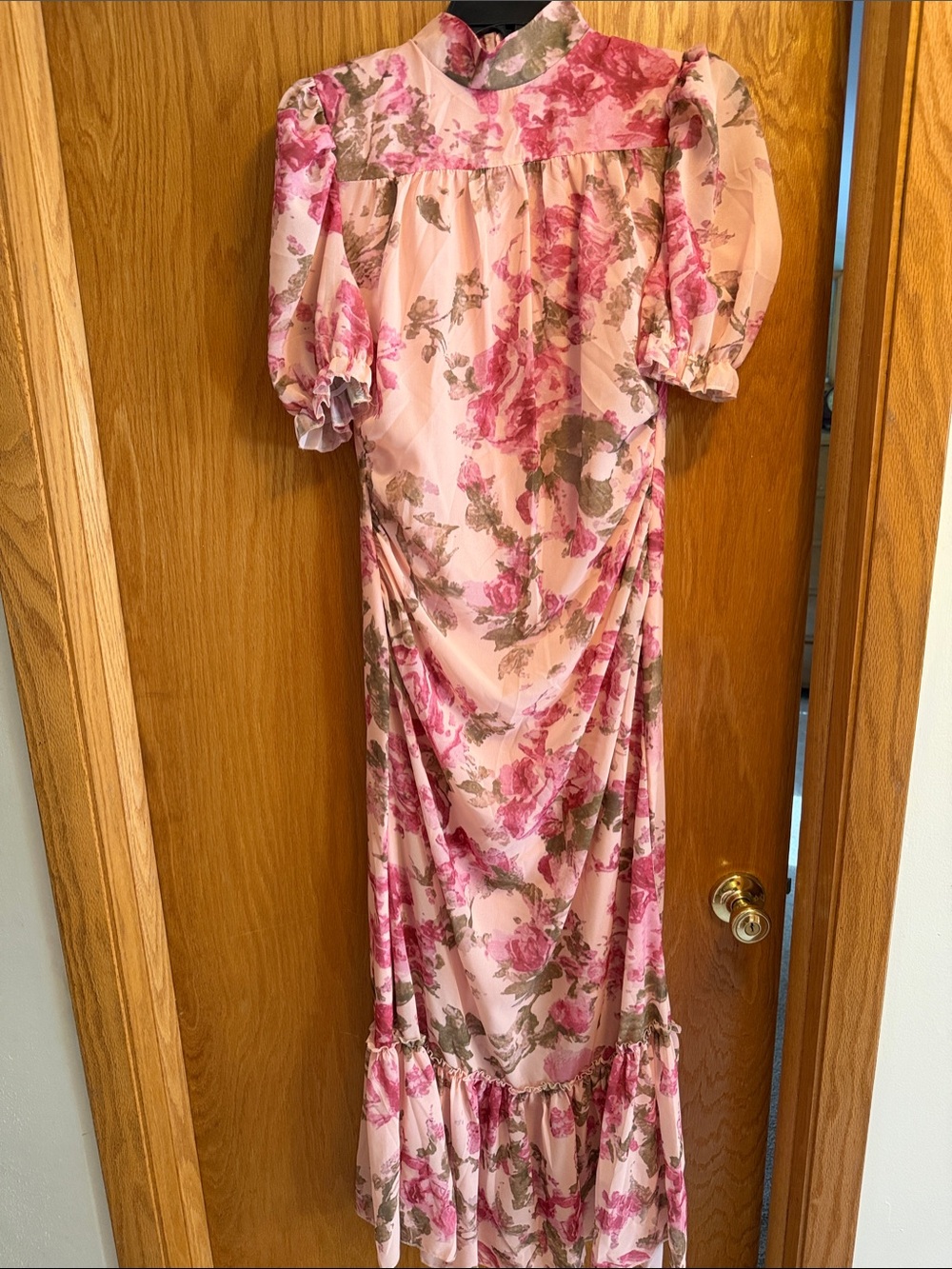 Amazon Pink Floral Maxi Dress with Puff Sleeves and Ruffled Hem